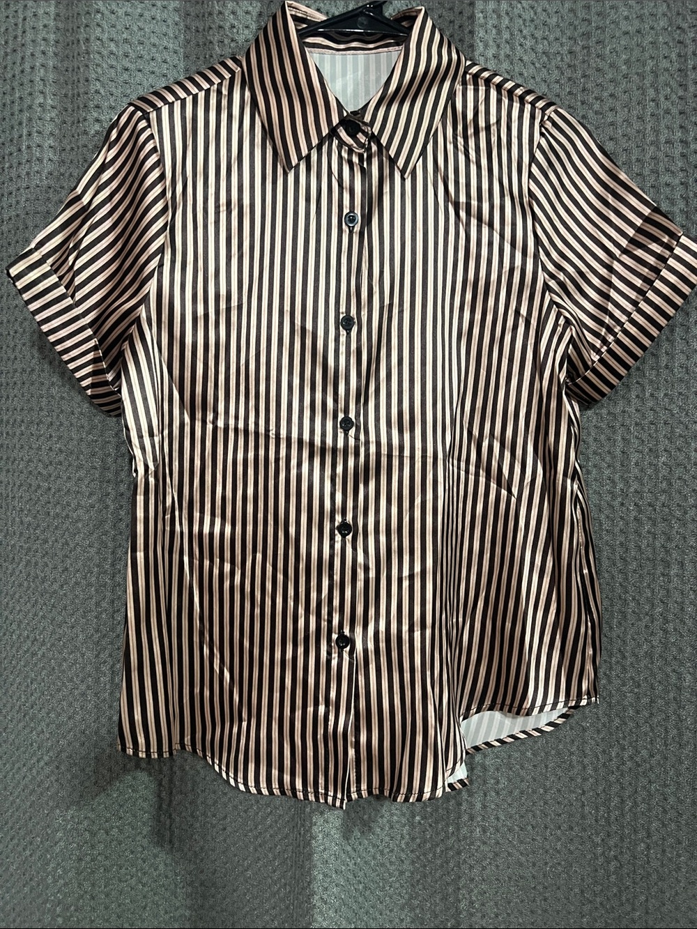 Women's Short-Sleeve Button-Down Shirt in Black and Cream Stripes